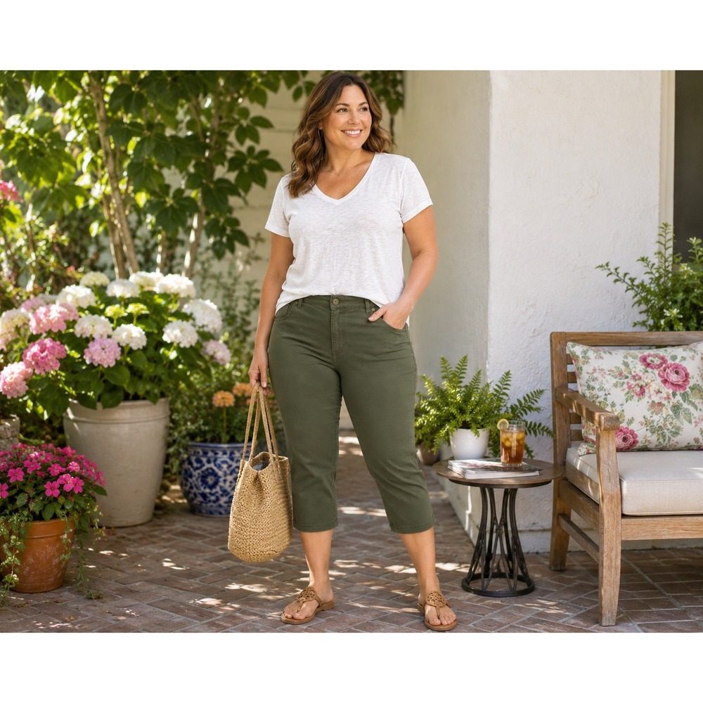 CROFT & BARROW Stretch Capri Pants Women's Size 16 Olive Green Cotton Blend - Picture 3 of 5